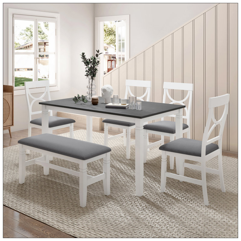 6-Piece Wood Dining Table Set Kitchen Table Set With Upholstered Bench And 4 Dining Chairs, Farmhouse Style,Gray+White