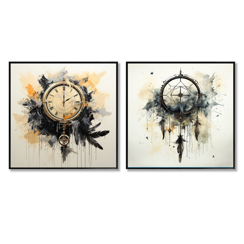 Beige et gris Dreams Keepers - Ensemble de 2 colliers carrés Dream Catcher, Cadre flottant noir, H 16 po x l 33 po