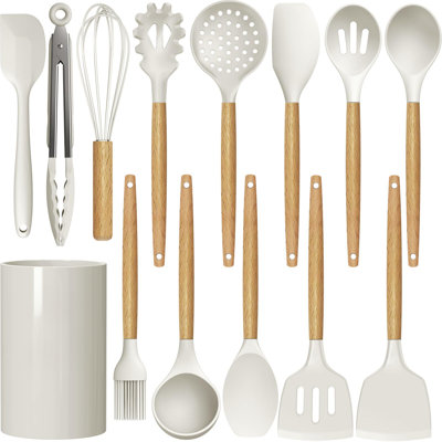 Ensemble d'ustensiles de cuisine, ensemble d'ustensiles de cuisine en silicone résistant, spatule, pinces à tourner, cuillère, fouet, gadgets de cuisine pour batterie de cuisine antiadhésive, sans BPA (blanc crème)