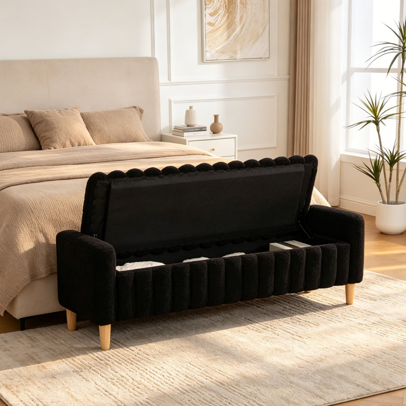 Banc de rangement capitonné avec dessus en bois 63,3 po, Noir