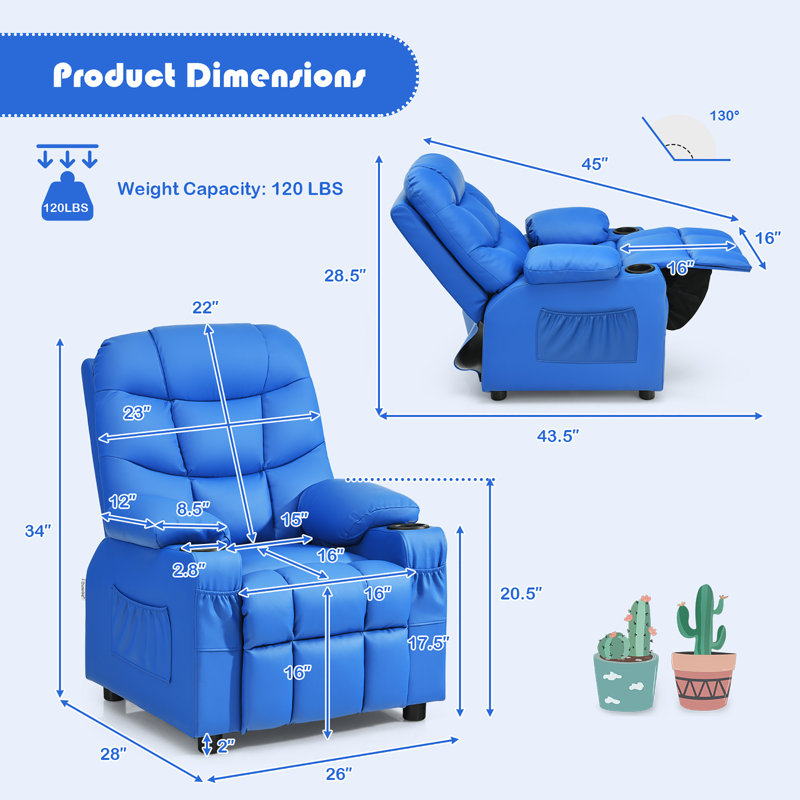 Quercia Kids 16'' Recliner and Ottoman, Blue