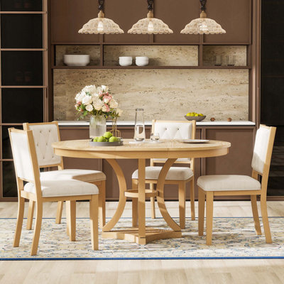 5PCS Retro Functional Dining Set, Extendable Round Table With 4 Upholstered Chairs For Dining Room And Living Room