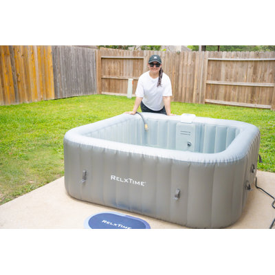 Inflatable Hot Tub 4-6 Person, Blow Up Spa Square Portable Outdoor Hottub, 130 Soothing Bubble Air Jets, Cover, 2 Filter Cartridges, Grey