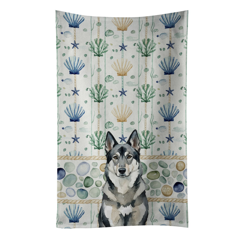 Norwegian Elkhound Coastal Sea Glass Kitchen Towel, Norwegian Elkhound