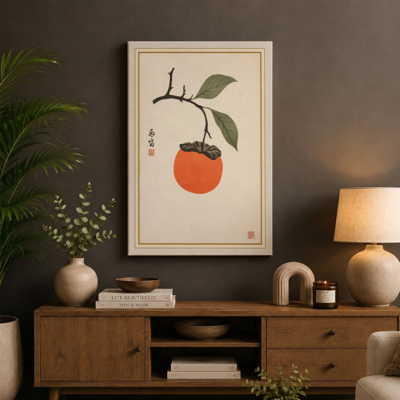 Orange Branch Japandi - Wrapped Canvas, 24x16 - 61.0 x 40.6 cm, Cream Border