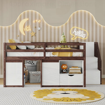 Solid Wood Low Loft Bed Frame with Built-in Stairs, Storage Drawer, and Shelf for Kids Bedroom