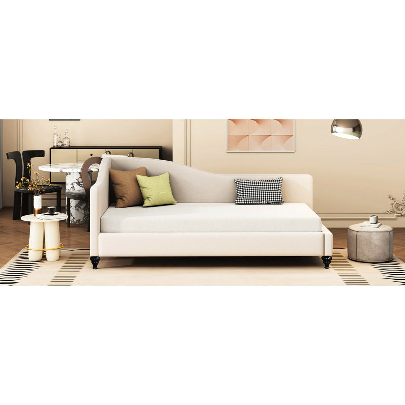 Lit de jour en lin beige avec pieds en bois massif - Option simple en L délicat, Lit simple, Beige