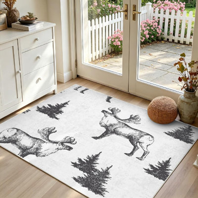 Tapis d'intérieur blanc lavable à la machine, sans couture, avec motif forêt d'hiver