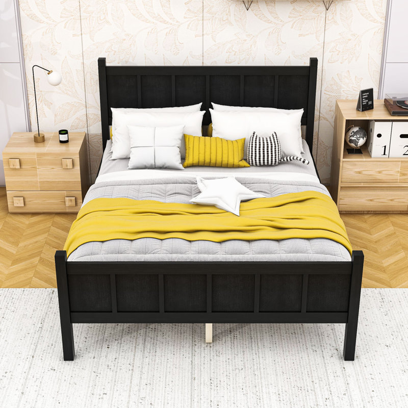 Lit plateforme en bois avec tête de lit robuste et rangement sous le lit, Lit double , Noir