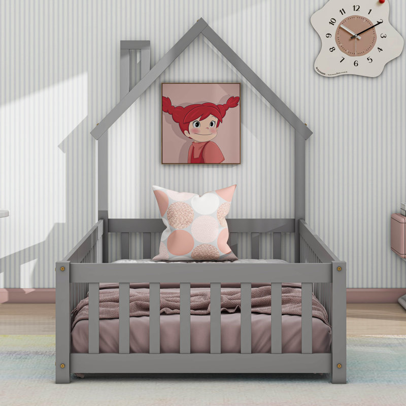 Lit avec clôture et porte, tête de lit en forme de maison, gris, Lit simple