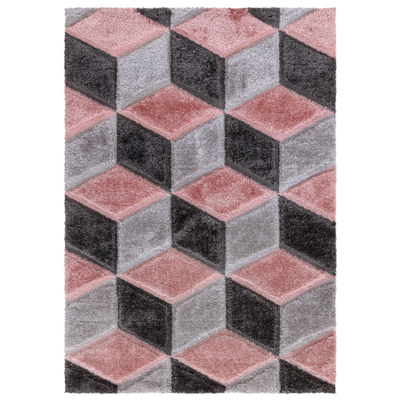 Shaggy Rug Pink Large Living Room Carpet & Extra Long Hallway Runner Modern Geometric Non Slip Bedroom Area Rug