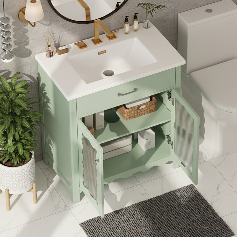 Meuble-lavabo de 31 po de largeur avec lavabo en céramique et portes en verre Reed, Vert