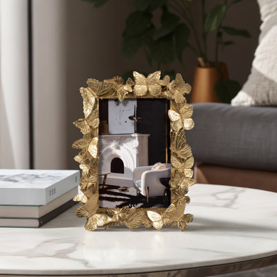 Ilarie Boho Butterfly Resin Picture Frame with Glass - 8" Metallic Gold Freestanding Photo Frame for Tabletop Display