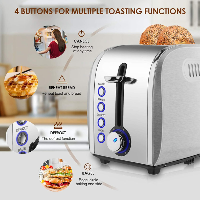 Grille-pain rétro en acier inoxydable avec fente extra large de 1,5 po