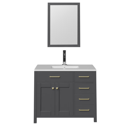 36" Bathroom Vanity With Mirror, Solid Wood Storage Cabinet With Drawers & Doors, Gold Hardware, No Sink/Faucet