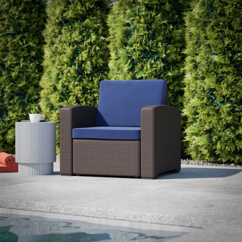 Alderman Faux Rattan Chair with All-Weather Cushion, Brown/Navy