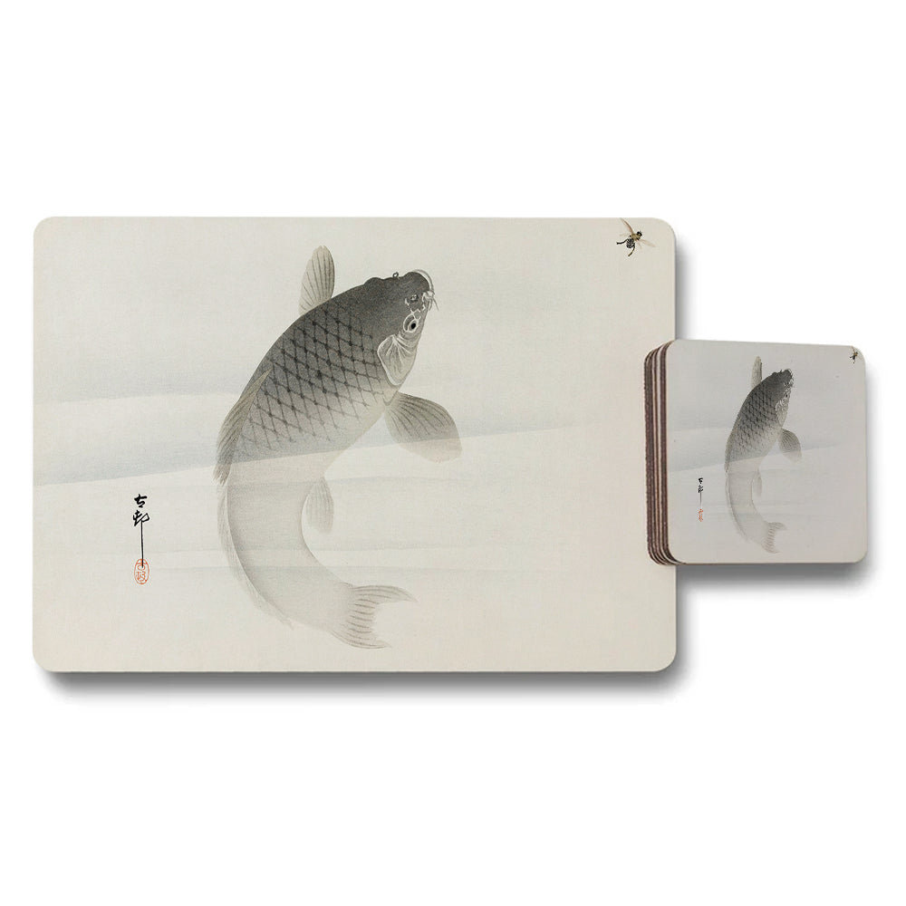 Koi Fish Placemats and Coaster Set Elegant Japanese Ink Art