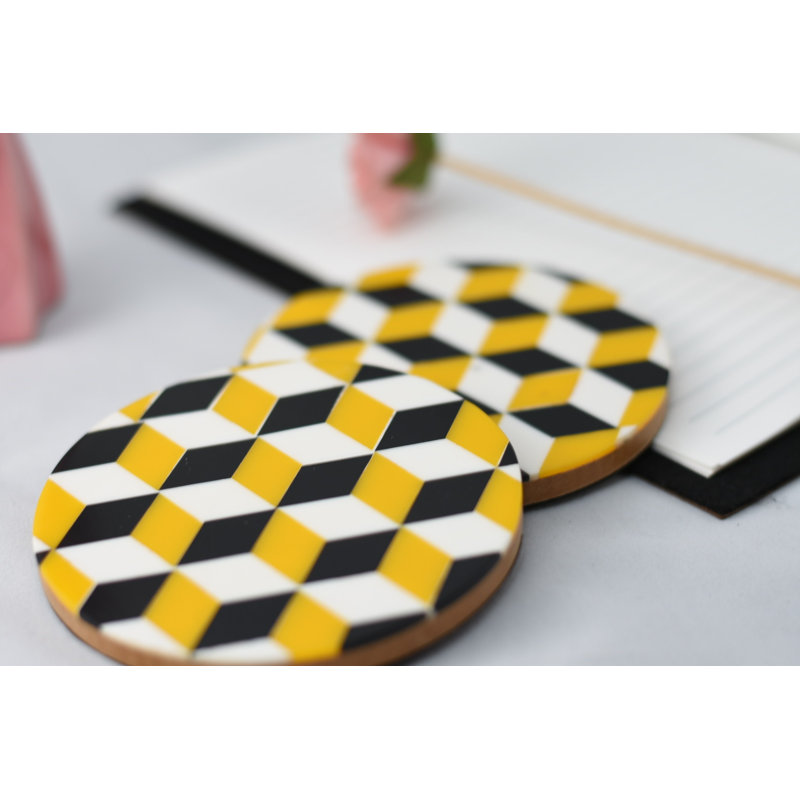 Ensemble de sous-verres géométriques en bois avec support, Jaune, 3D