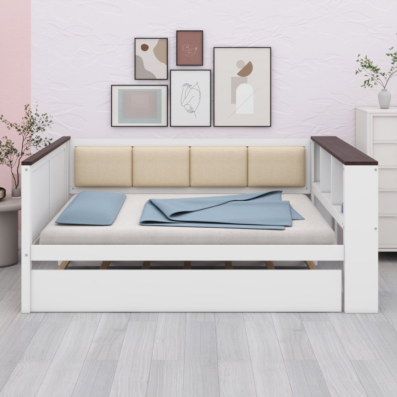 Modern Wood Daybed With Upholstered Backrest, Built-In Shelves, USB Charging Port & Hidden Pull-Out Trundle Bed