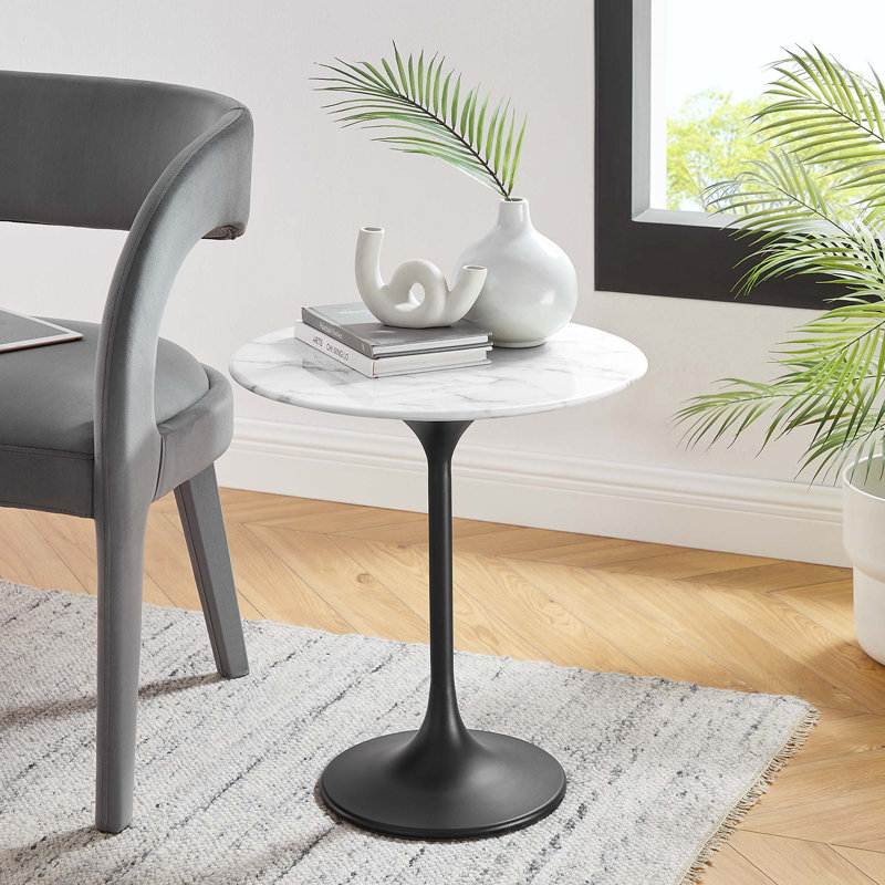 Modway Lippa 20" Round Artificial Marble Side Table, White, Black