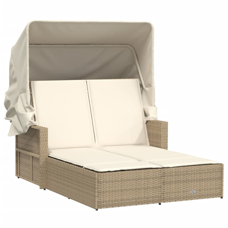 Double méridienne Vidaxl avec auvent et coussins en rotin de polyester, Blanc crème, Beige