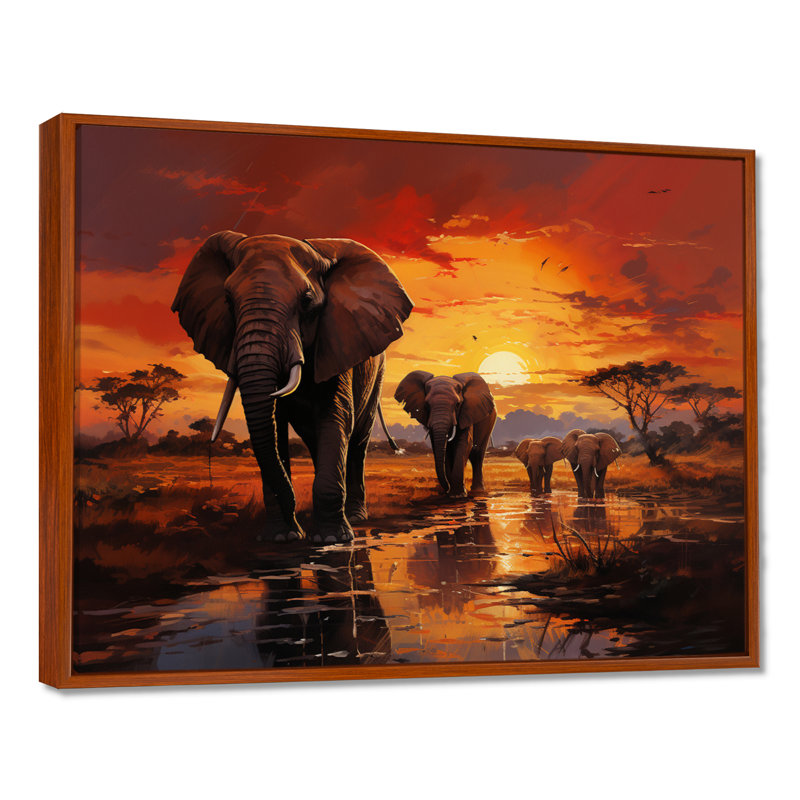 Photographie d'un éléphant d'Afrique au coucher du soleil II - Éléphant, reproduction sur toile encadrée, Cadre flottant brun