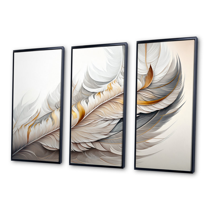 Plume blanche aquarelle - reproduction de 3 pièces, Noir, H 32 po x l 48 po x P 1 po