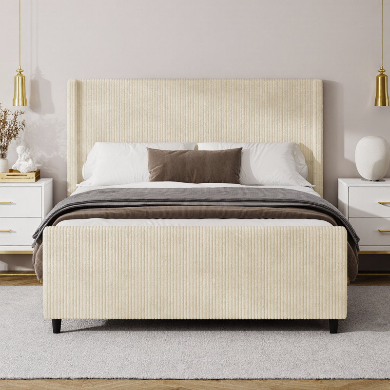 Structure de lit grand tapissier, tête de lit à oreilles 50,7 po avec velours côtelé à rayures verticales, lit plateforme crème sans sommier