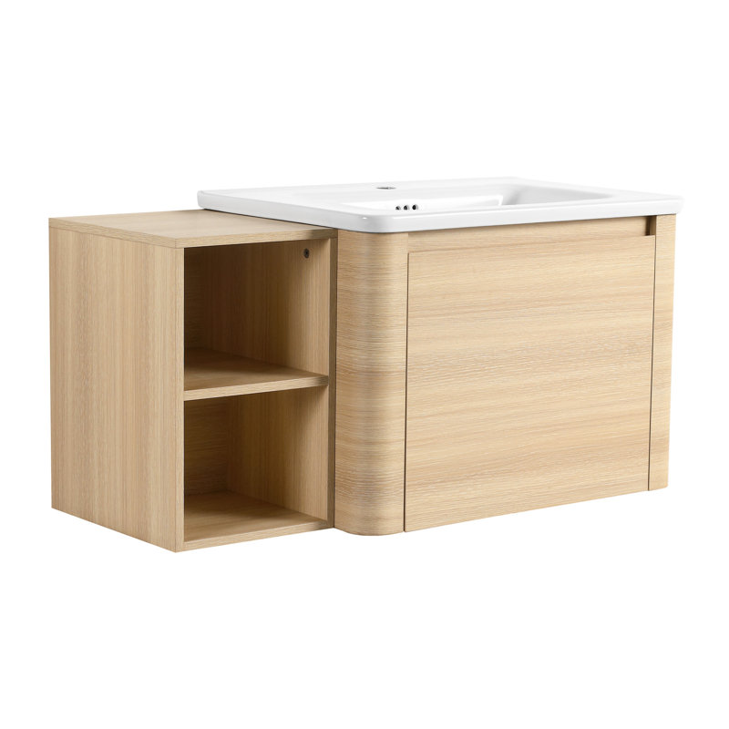 Meuble-lavabo de 40 po avec fonction murale, lavabo en céramique blanche, tablettes de rangement, porte à fermeture en douceur, contreplaqué en chêne américain pour une meilleure organisation, petites charnières de fermeture, 45 cachées