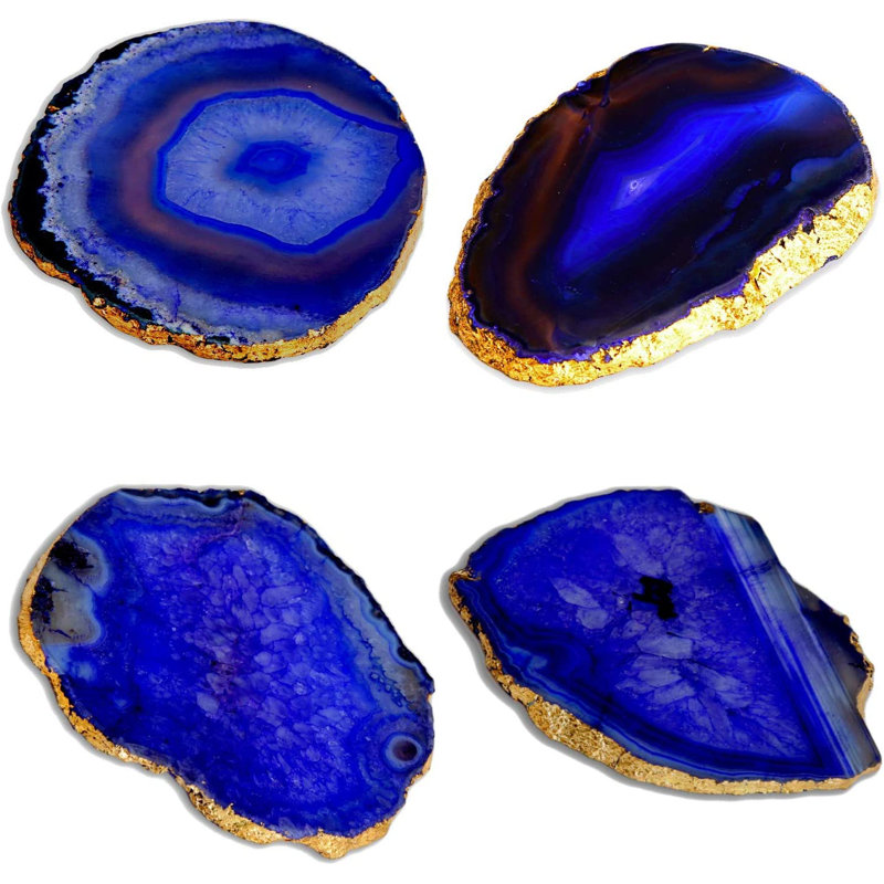 Ensemble de 4 sous-verres en agate bleue à bord doré