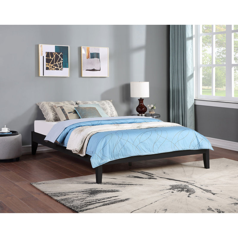 Grand lit dans une base en bois massif et en pin foncé, adaptabilité universelle, conception à profil bas, finition noire pour cadre de chambre de taille tranquillité avec construction, chambre à coucher adaptable, finition, sans boîte