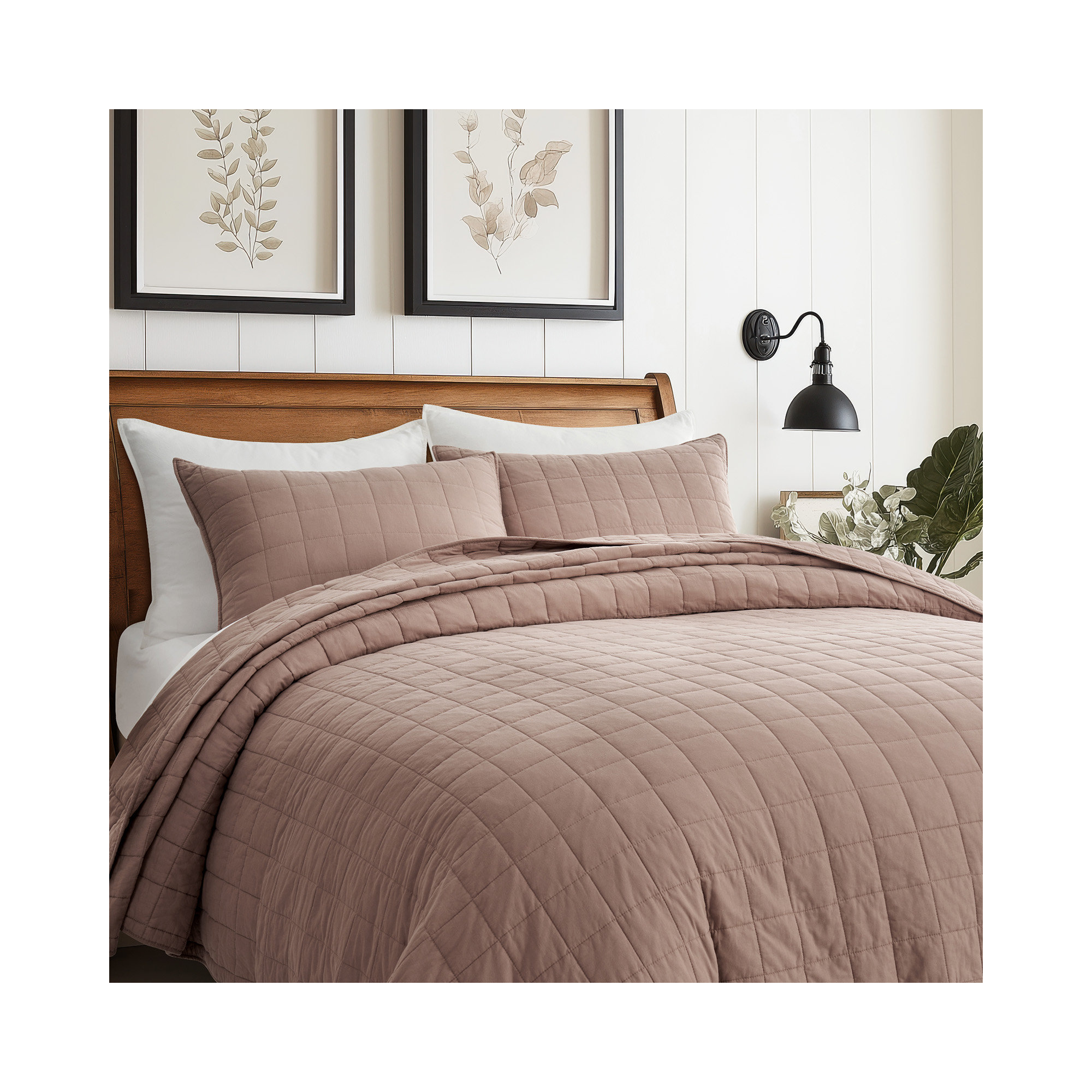 100% Cotton Box Stitch Quilt Set, Queen Quilt + 2 Queen Shams, Terracotta Clay