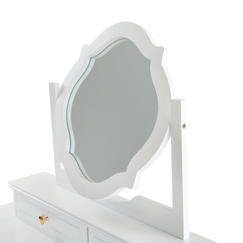Coiffeuse blanche avec miroir réversible à quatre feuilles, poignées rondes dorées, 5 tiroirs pour les essentiels de beauté, siège et tabouret confortables, miroir, maquillage impeccable