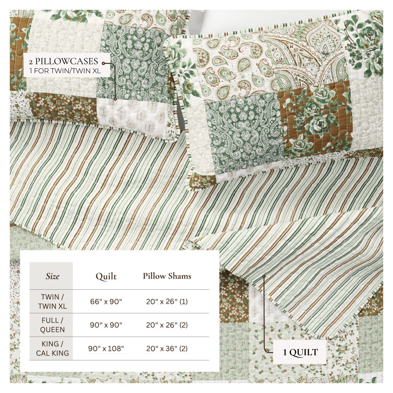 Paisley / Floral Patchwork Reversible Quilt Set with Shams, Full/Queen Quilt + 2 Shams