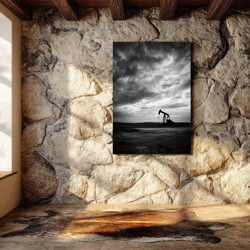 «Texas Oil Pumpjack», art mural de paysage occidental - impression industrielle en noir et blanc au Texas, H 45 po x l 30 po