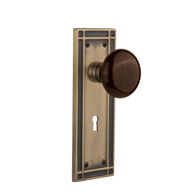 Mission Plate with Decorative Keyhole and Brown Porcelain Door Knob, Antique Brass