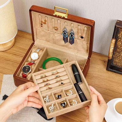 2 Layer Solid Wooden Jewelry Box with Lock and Key for Women