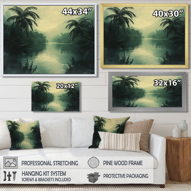 Décoration murale oasis tropicale grise et verte - palmiers et palmiers, Toile tendue, H 12 po x l 20 po