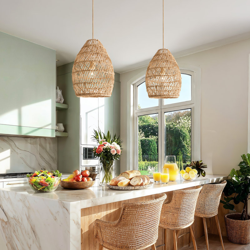 Callie Rattan Pendant Light - 14" Natural Bell Handwoven Hanging Light For Kitchen Island or Dining Room in Modern Farmhouse, Farmhouse & Boho Style