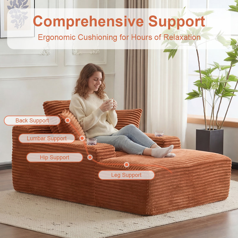 Chaise longue surdimensionnée rembourrée et désossée de 66,14 po avec coussin, Brun