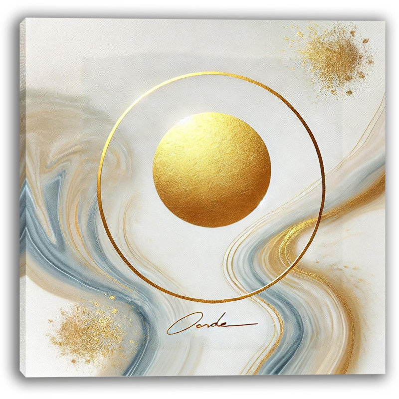 «Celestial Grace - Orbe doré avec vagues flottantes», art mural abstrait, H 12 po x l 12 po x P 1 po