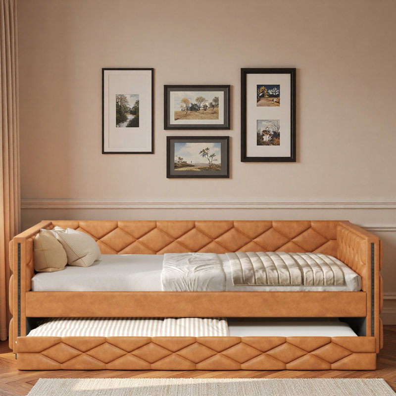 Upholstered Daybed With Trundle And Led, Brown