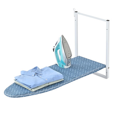 Wall Mounted Ironing Board With Iron Holder, Compact Ironing Board For Small Spaces, Foldable Iron Stand Heat Resistant Cover, Blue