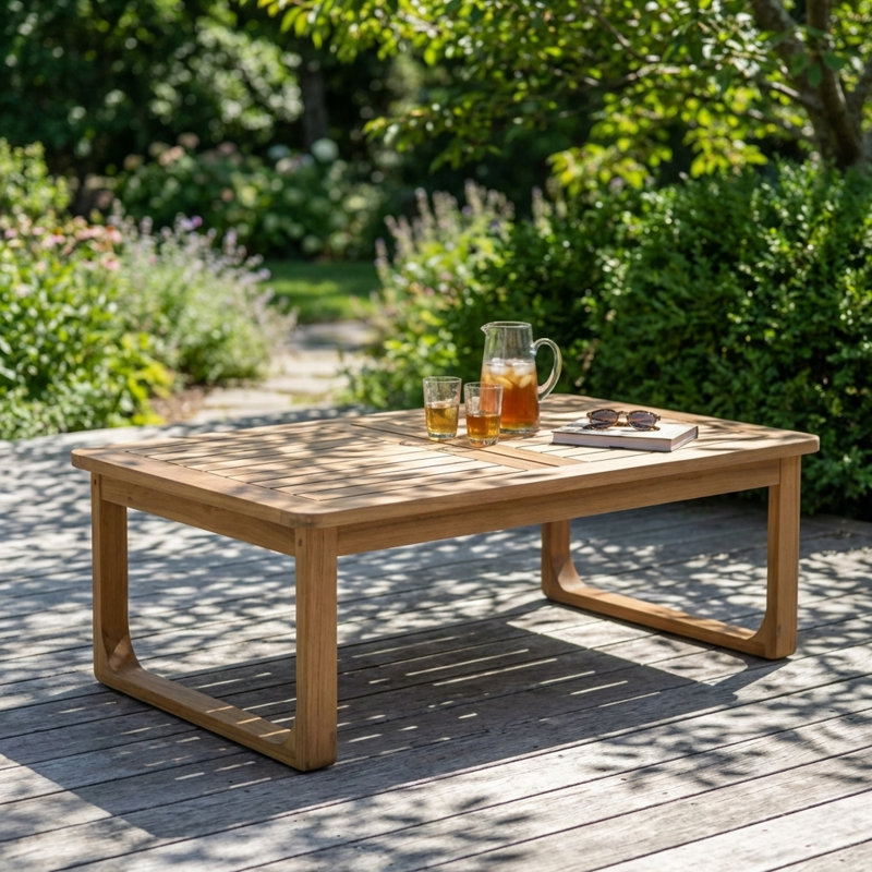 Table basse d'extérieur rectangulaire avec pieds incurvés, fabrication en bois massif durable et résistant aux intempéries, design minimaliste moderne