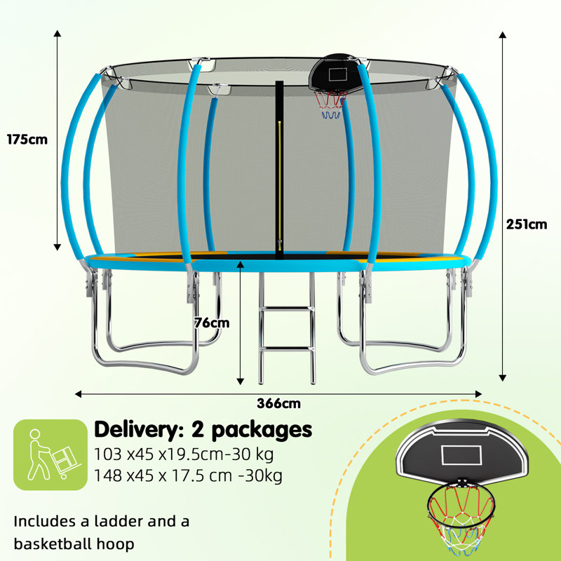 SENCHO GINSYTALIOR Round Backyard Trampoline with Safety Enclosure, Blue/Orange