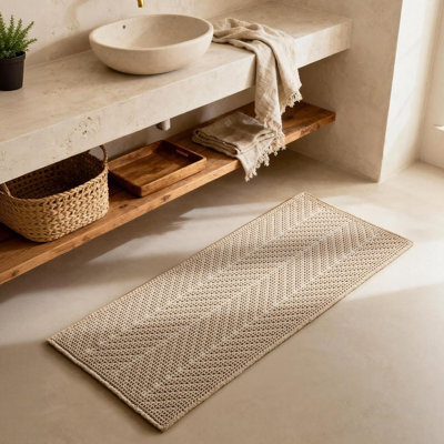 Waffle Runner Rug Bathroom, Boho Bath Mat Super Absorbent & Quick Dry, Non-Slip Washable with Tassels, Ultra Soft Farmhouse Long Bathroom Rug 24"x60" Beige