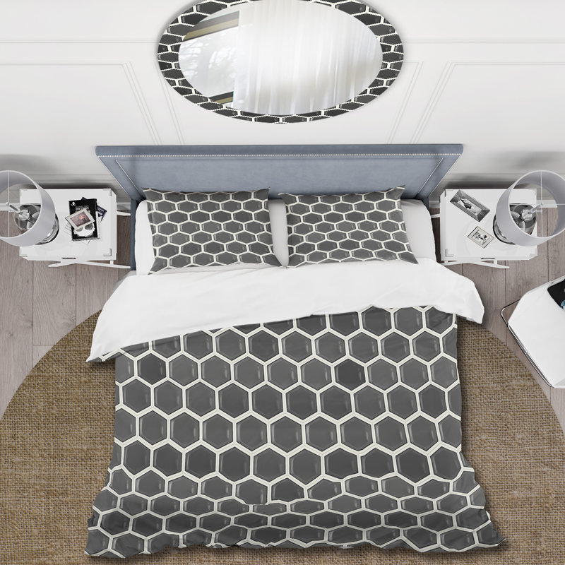 Ensemble de housse de couette gris blanc hexagonal II - Mid-Century, Housse de couette pour grand lit + 2 taies décora