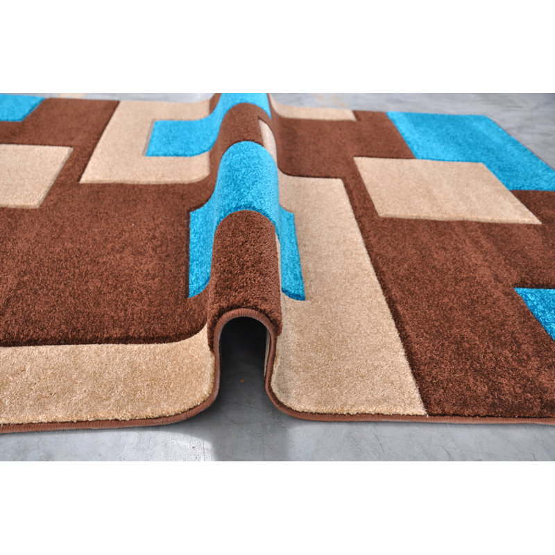 Tapis bleu/brun tissé à la machine Melfa, Tapis de couloir 2 pi 7 po x 14 pi 6 po