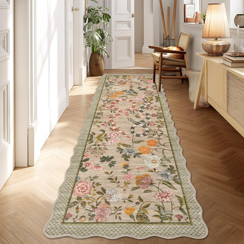 Tapis festonné moderne antidérapant Farmhouse Floral, Tapis de couloir 2 pi x 6 pi