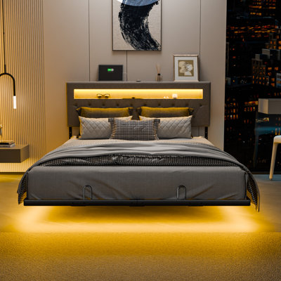 Floating Bed Frame With Charging Station, LED Bed Frame With Flexible Headboard